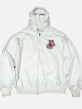 Pacific & CO White Graphic Women’s Zip Up Hoodie With Daisy Pink Butterfly SZ M